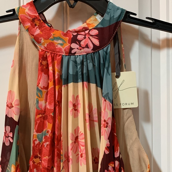 NWT VICI DRESS FORUM Patchwork Pleated Halter Mini Boho Dress S - Picture 3 of 12